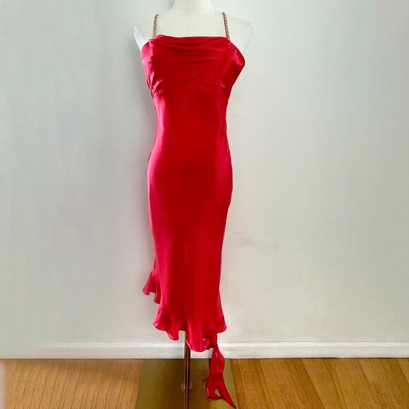 Rare Vintage Y2K Charlie Lapson Red Satin Rhinestone Mermaid Ruffle Formal Dress - Picture 1 of 11